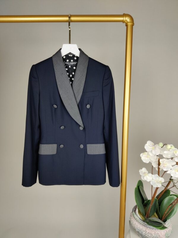 DOLCE & GABBANA NAVY AND GREY DOUBLE-BREASTED BLAZER SIZE IT36 (UK4)