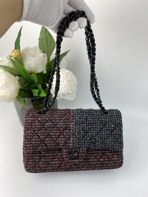 CHANEL NAVY AND RED TWEED DOUBLE FLAP BAG WITH BLACK HARDWARE