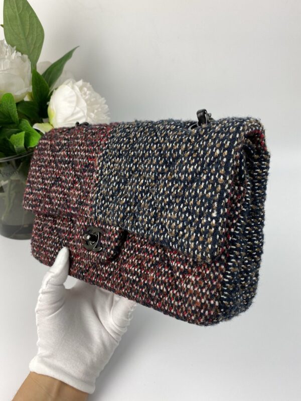 CHANEL NAVY AND RED TWEED DOUBLE FLAP BAG WITH BLACK HARDWARE